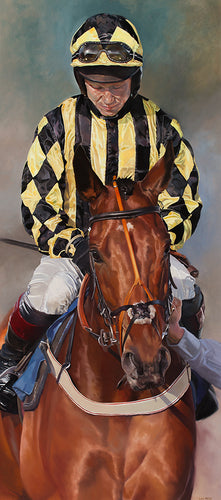 Original oil painting depicting champion NH jockey Richard Johnson at Ffos Las Racecourse, West Wales.