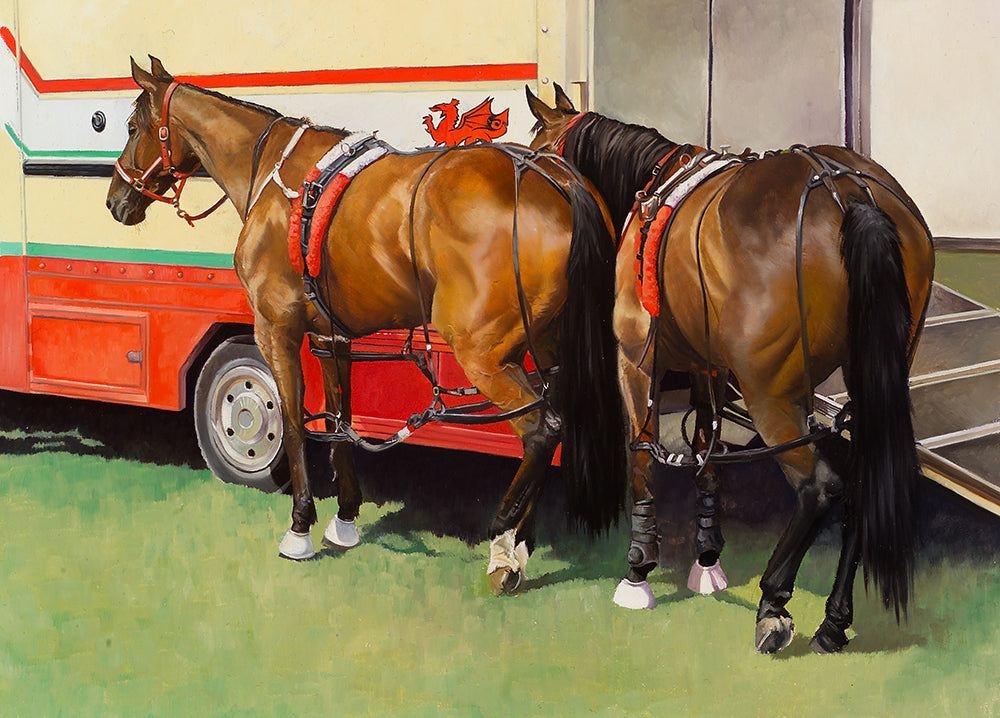 Harness racing art print of two welsh pacers before a race from an original painting by artist Lisa Miller